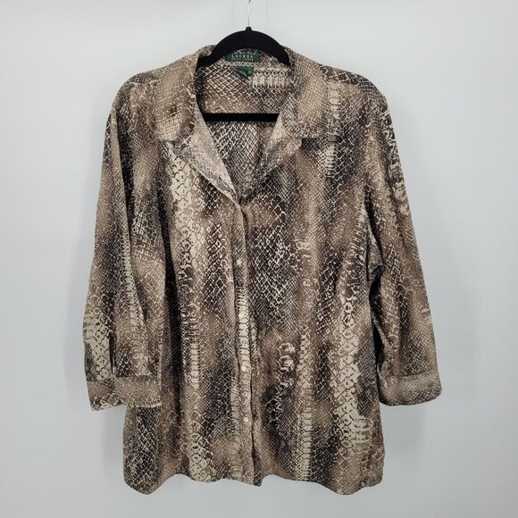 Lauren Ralph Lauren Womens 3X cream brown snake croc print button up blouse - Picture 8 of 8